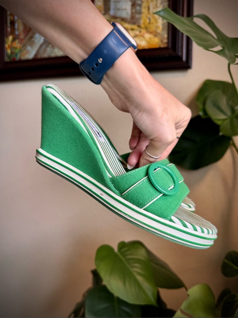 AEO Green Y2K Striped Wedge Sandals Mules Heels 6